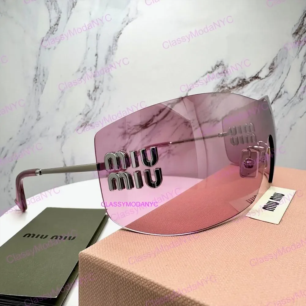 New MIU MIU Sunglasses Aube Silver Pink Mirror Rimless Wrap Authentic Womens